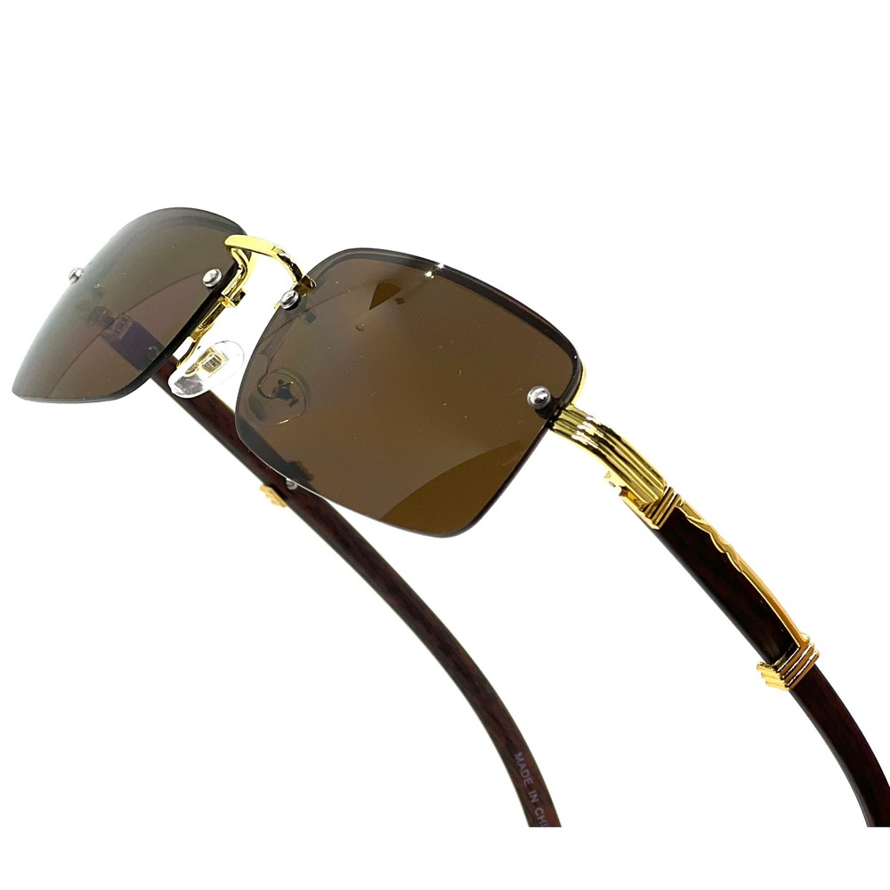 Men's Rimless Luxury‎ Hip Hop Gem Cut Brown Tint Gold Frame Rectangle Sunglasses